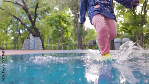 Adorable little asian girl enjoy run on water rainy day outdoor city playground park