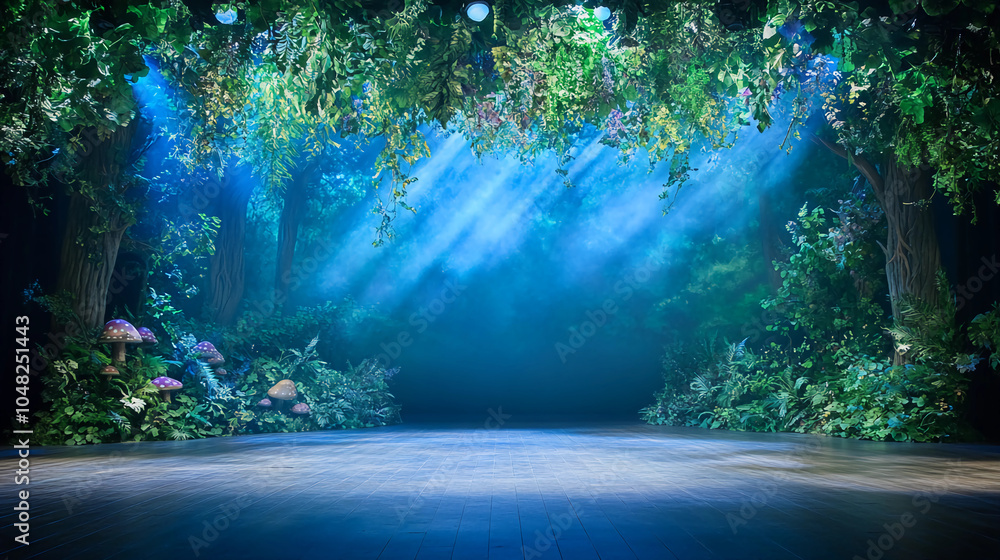 Obraz premium Enchanted Forest Stage with Lush Greenery, Mushrooms, and Magical Lighting