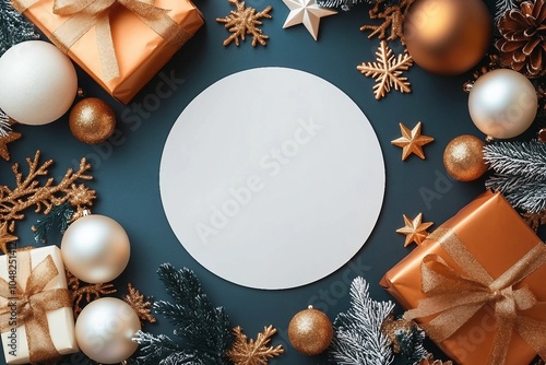 Embrace the enchantment of Christmas. Top view flat lay of festive presents, xmas balls, shiny snowflake, star-shaped confetti on terracotta background with blank circle for ad or text photo