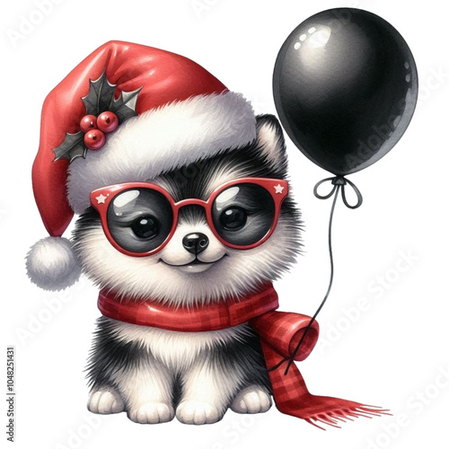 Cute dog holding a black balloon Clipart Watercolor 