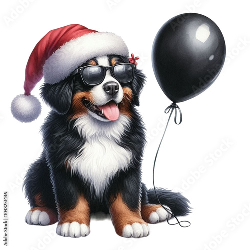 Cute dog holding a black balloon Clipart Watercolor 
