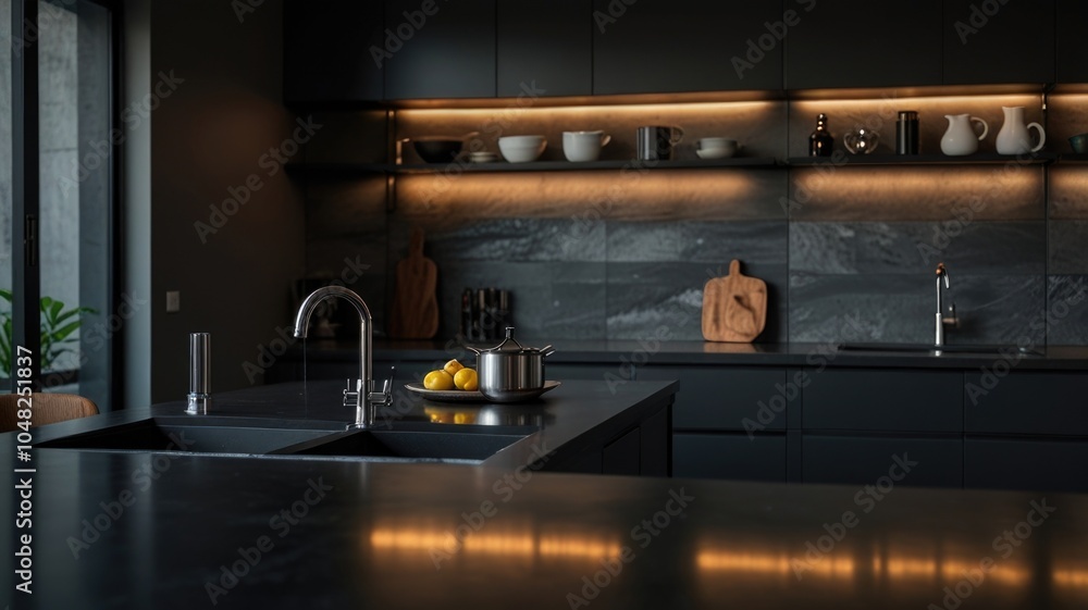Modern minimalist black kitchen interior Modern minimalist black kitchen interior
