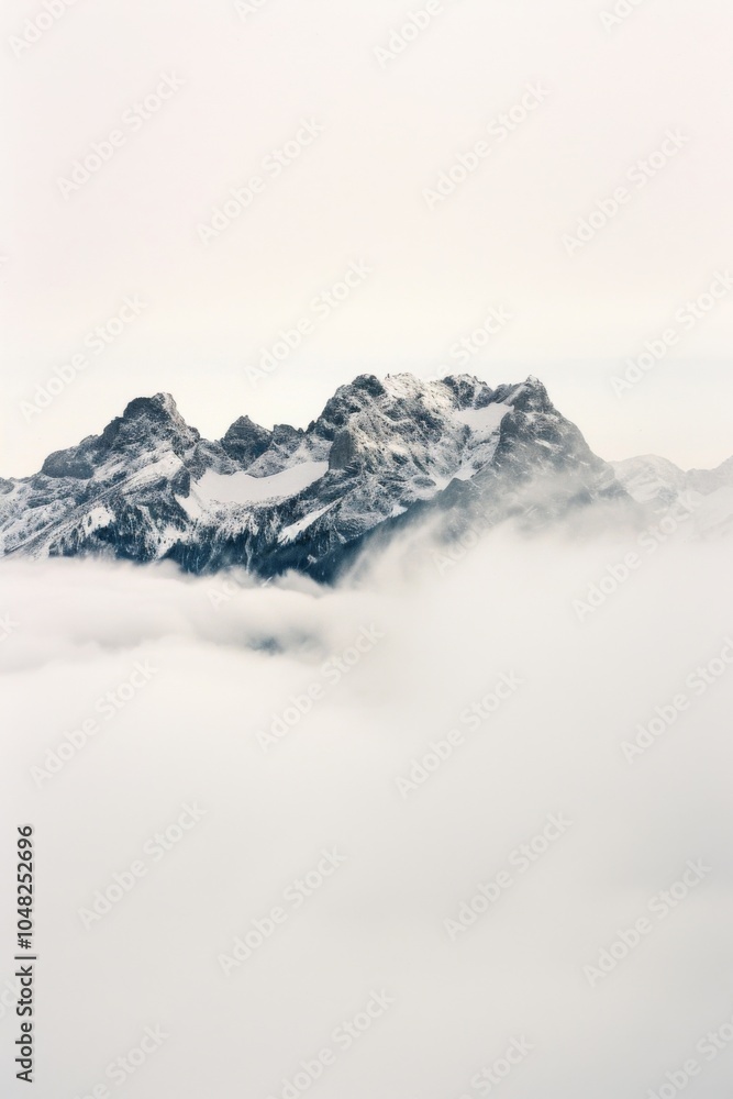 Obraz premium Majestic snow-capped mountain peaks rising above a blanket of soft, swirling clouds, evoking tranquility and the beauty of untouched nature.