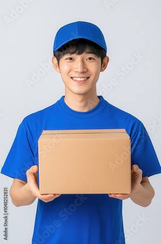 Young delivery man in blue uniform holds a cardboard box, smiling against a white isolate background.