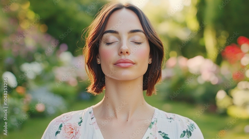 Serene woman enjoying nature in a vibrant garden, embodying peace and mindfulness. Serene woman enjoying nature in a vibrant garden, embodying peace and mindfulness.