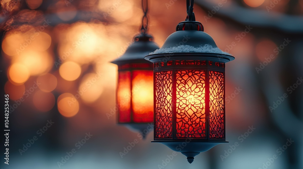 A Cozy Red Lantern Illuminating a Snowy Forest Scene, Evoking Warmth and Tranquility in Winter A Cozy Red Lantern Illuminating a Snowy Forest Scene, Evoking Warmth and Tranquility in Winter