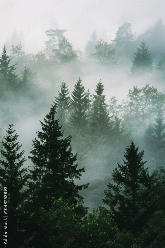 Mystical Forest in Early Morning Fog: Lush Pine Trees Reaching Towards a Soft Mist Under a Serene Sky, Evoking Tranquility and Natures Beauty Mystical Forest in Early Morning Fog: Lush Pine Trees Reaching Towards a Soft Mist Under a Serene Sky, Evoking Tranquility and Natures Beauty