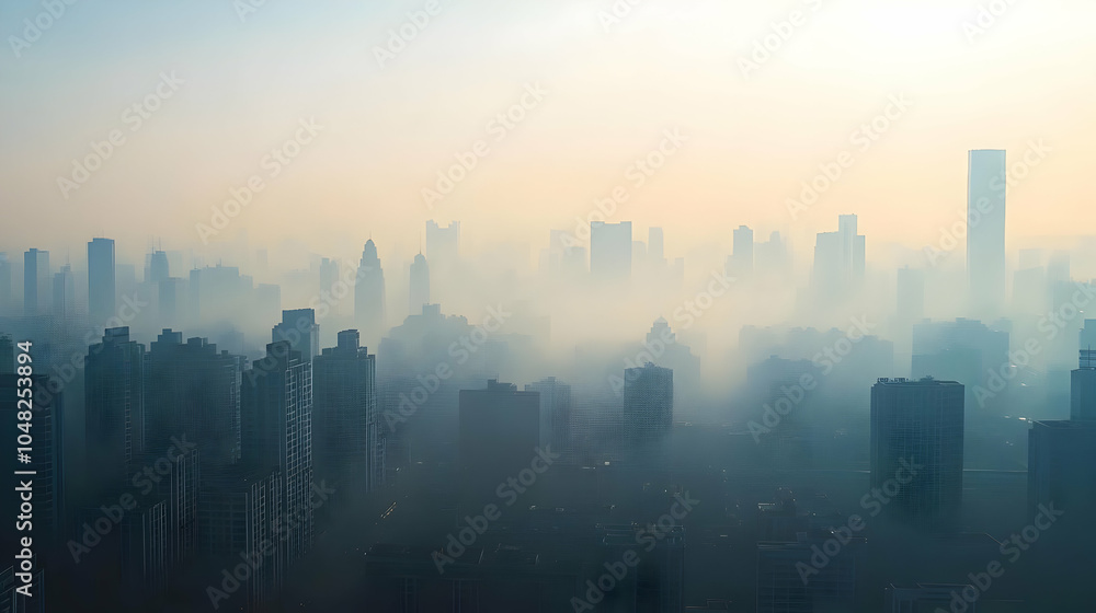 Fototapeta premium Foggy City. A city skyline with smog and pollution