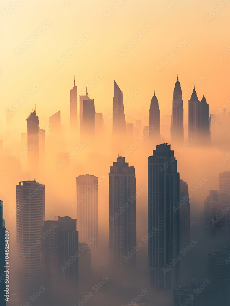 Fototapeta premium A city skyline with smog and pollution. Foggy City