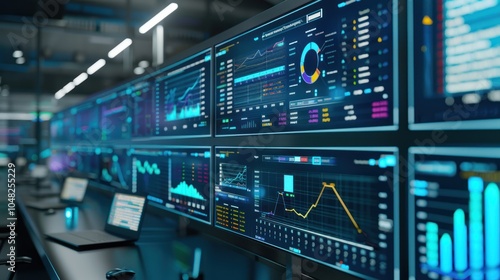 Wallpaper Mural Wall of Monitors Displaying Financial Data and Charts in a Modern Office Torontodigital.ca