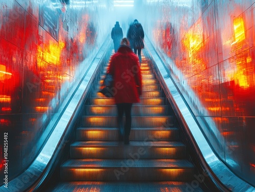 Dynamic crowd movement on an escalator, capturing the energy and flow of urban life, soft focus enhances the sense of motion and activity photo