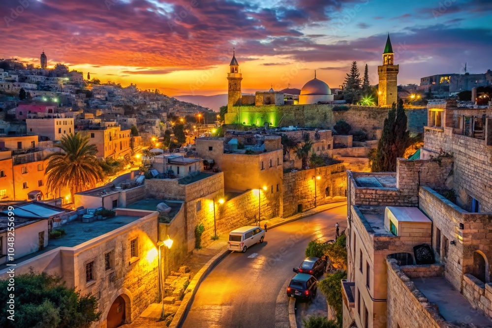Obraz premium Night Lights in Bethlehem's Historic Streets - Tilt-Shift Photography
