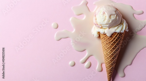 Melted ice cream and wafer cone on light pink background