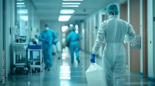 A cleaning crew disinfecting high-traffic areas. Hospital Hall