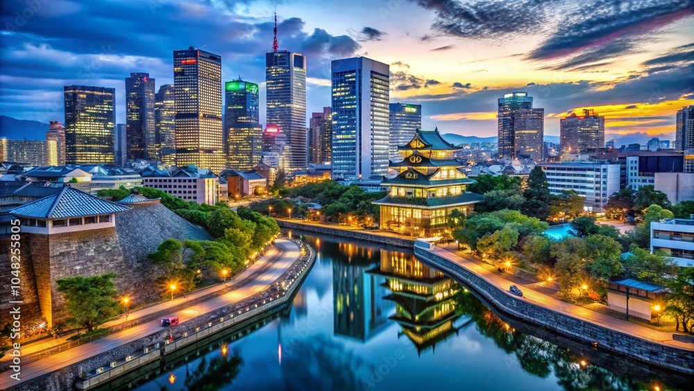 Fototapeta premium Night Photography in Osaka: Illuminated Cityscape and Cultural Landmarks for Stunning Visuals