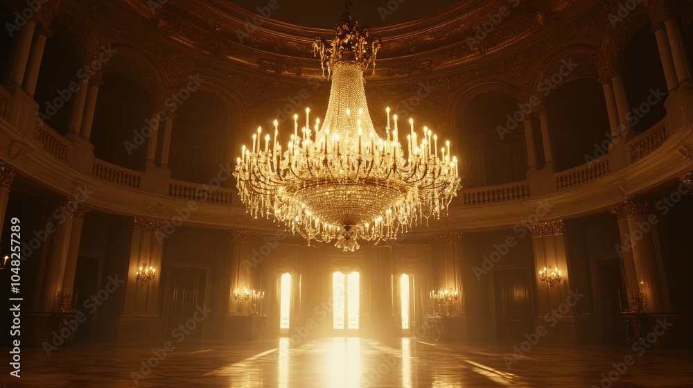 Fototapeta premium Bright chandelier illuminating an elegant ballroom, symbolizing the timeless beauty and luxury of grand architecture -