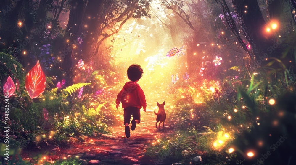 Fototapeta premium A child in a red hoodie runs with a dog through a magical, vibrant forest.