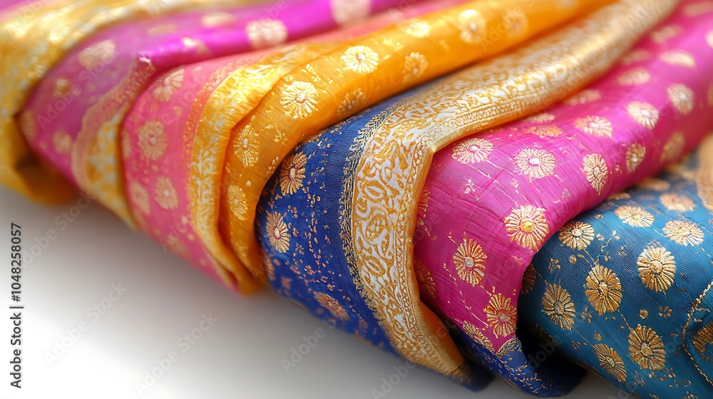 Stack of colorful, patterned, woven fabrics with gold thread embroidery and sequins, isolated on white background. Stack of colorful, patterned, woven fabrics with gold thread embroidery and sequins, isolated on white background.
