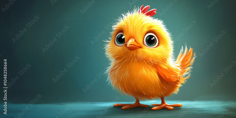 Fototapeta premium A cute, fluffy baby chick with big eyes standing on a blue background.