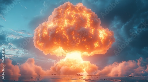 A massive nuclear explosion illuminates the sky with fiery clouds and a powerful shockwave over a desolate landscape. photo