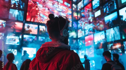 Man in Red Jacket with Headphones in Front of a Wall of Screens