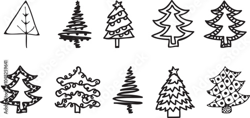 Christmas tree doodle set. Hand drawn xmas decorations icons. Vector illustration christmas trees isolated. Design elements for holiday greeting card, gift tag.
