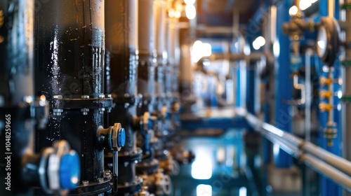 Close-up of Industrial Piping with Valves and Blue Background