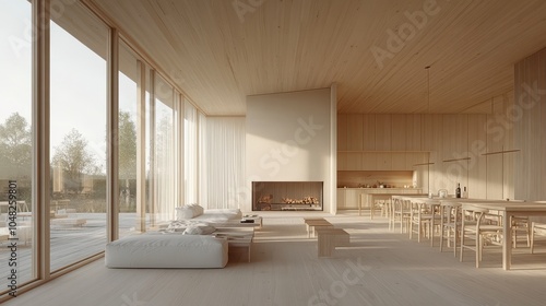 Scandinavian summer cabin with light wood interiors.