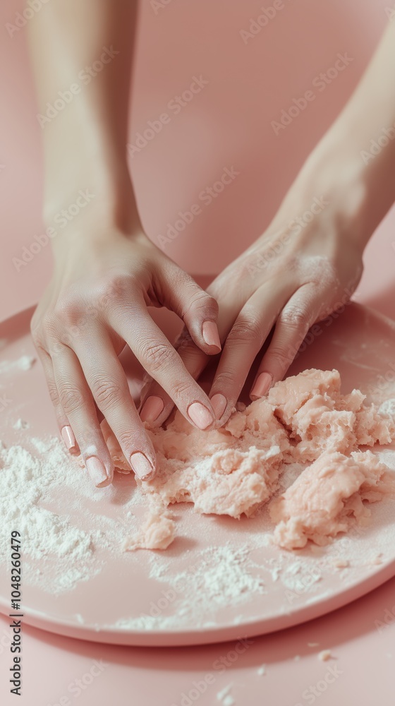 Close-up of hands kneading pink dough on a pink background, emphasizing baking preparation and homemade cooking. Close-up of hands kneading pink dough on a pink background, emphasizing baking preparation and homemade cooking.