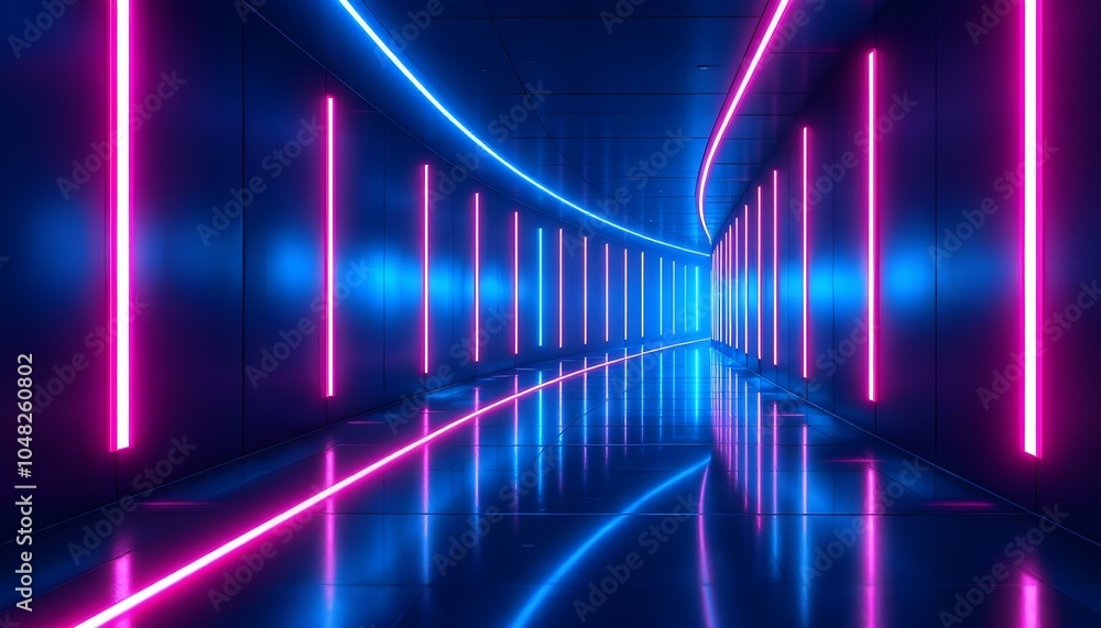 Fototapeta premium 3d render, red blue neon light, illuminated corridor, tunnel, empty space, ultraviolet light, abstract background. 3D illustration rendering. Empty copy space middle. Blue and pink light for overlay 