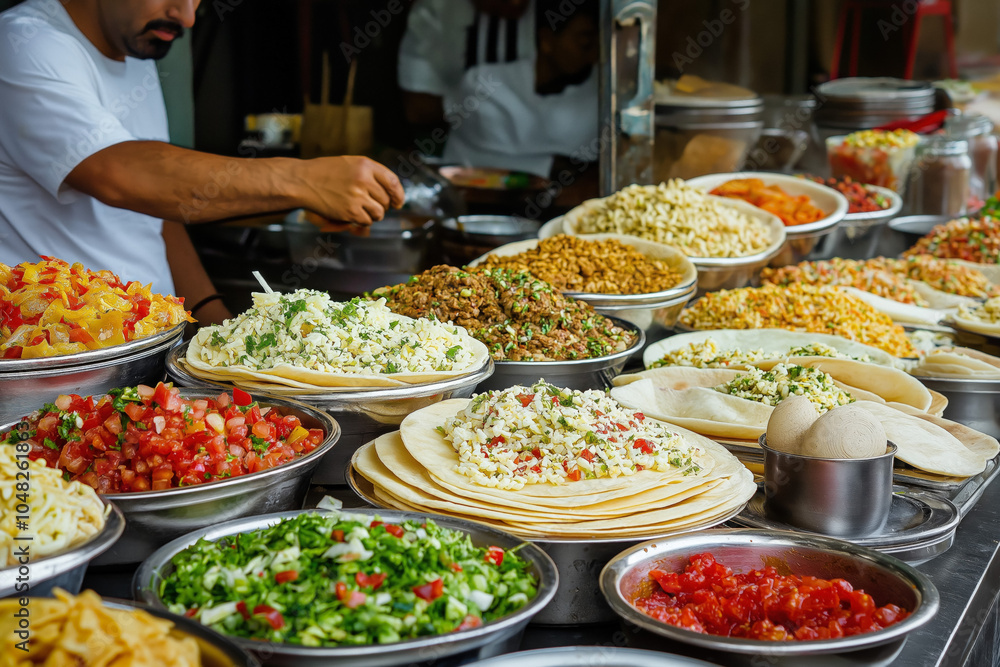 Fresh Street Food Being Prepared, Such As Pupusas Filled With Cheese And Beans, Garnished With Pickled Cabbage And Salsa Fresh Street Food Being Prepared, Such As Pupusas Filled With Cheese And Beans, Garnished With Pickled Cabbage And Salsa