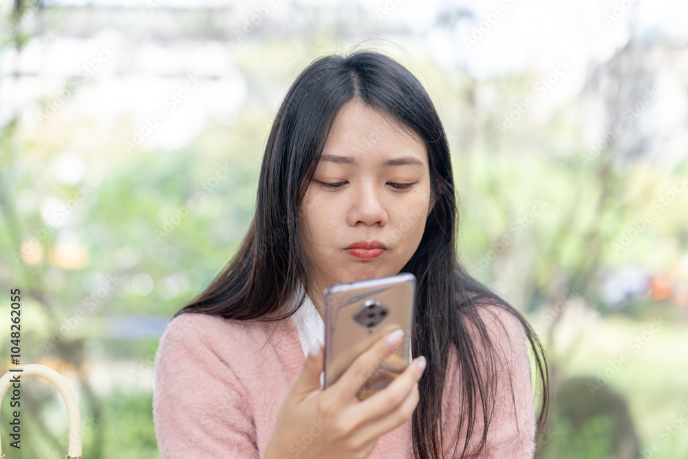 A long-haired Taiwanese woman in her 20s wearing a pink sweater talks on a smartphone while sitting on a park bench in Xinyi District, Taipei City, Taiwan at noon in winter on January 30, 2024. A long-haired Taiwanese woman in her 20s wearing a pink sweater talks on a smartphone while sitting on a park bench in Xinyi District, Taipei City, Taiwan at noon in winter on January 30, 2024.