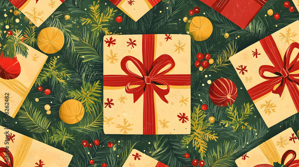 Fototapeta premium A stack of beautifully wrapped Christmas gift boxes in festive colors with golden ribbons and bows, perfect for celebrating the holiday season