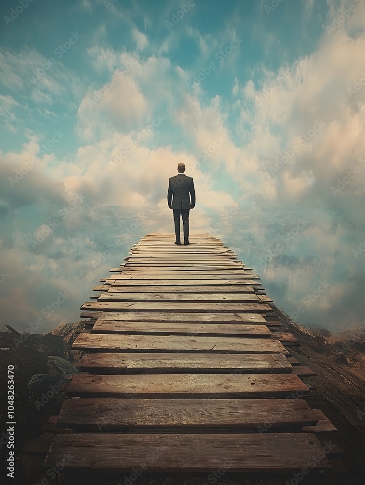 Businessman Facing Incomplete Bridge Symbolizing Business Challenges Businessman Facing Incomplete Bridge Symbolizing Business Challenges