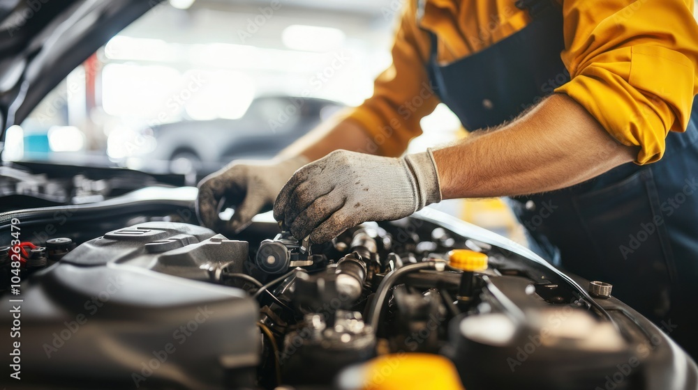 Mechanic Working on a Car Engine in a Garage Mechanic Working on a Car Engine in a Garage