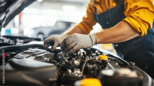 Mechanic Working on a Car Engine in a Garage photo