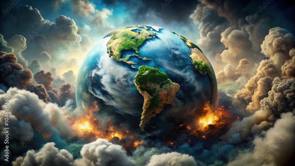 Fototapeta premium Pollution Impact on Earth: Panoramic View of Globe with Ozone Layer Damage and Gases