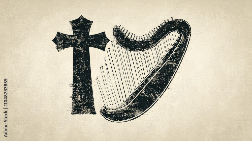 Wallpaper Featuring Simple Silhouettes Of A Celtic Cross And A Harp On A Light Background, Highlighting The Iconic Symbols Of Irish Culture Wallpaper Featuring Simple Silhouettes Of A Celtic Cross And A Harp On A Light Background, Highlighting The Iconic Symbols Of Irish Culture