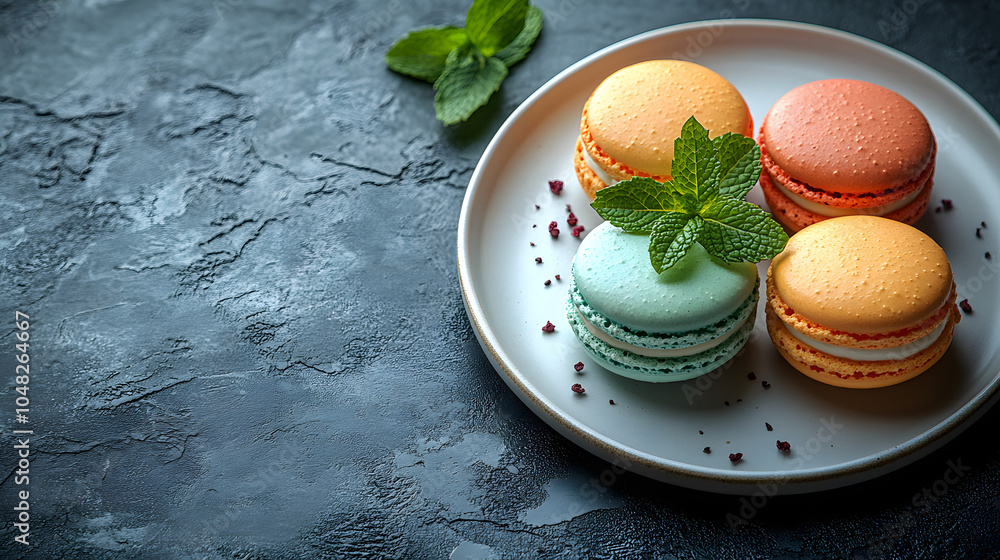 A Close-Up of Colorful Macarons Artistically Arranged on an Elegant White Plate. These Delicate French Pastries in Vibrant Hues Offer a Tempting Treat, Perfect for Celebrations or Afternoon Tea. A Vis A Close-Up of Colorful Macarons Artistically Arranged on an Elegant White Plate. These Delicate French Pastries in Vibrant Hues Offer a Tempting Treat, Perfect for Celebrations or Afternoon Tea. A Vis