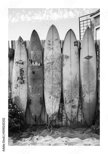 Vintage Surfboards Against a Weathered Fence: A Black and White Capture of Coastal Vibes and Timeless Beach Culture photo