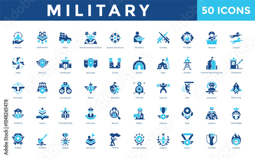 Military icon set with mission, deployment, patrol, reconnaissance mission, search and rescue, extraction, combat, fire fight, ambush, assault icon. Simple flat vector 
