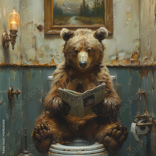 Whimsical Bear Reading Newspaper on Toilet in Rustic Bathroom with Vintage Decor, Light Fixture, and Nature Artwork, Capturing Humor and Charm photo