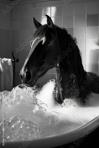 Whimsical Black and White Image of a Horse Relaxing in a Bubble Bath, Capturing a Fun and Unique Blend of Equine Serenity and Humorous Luxury photo