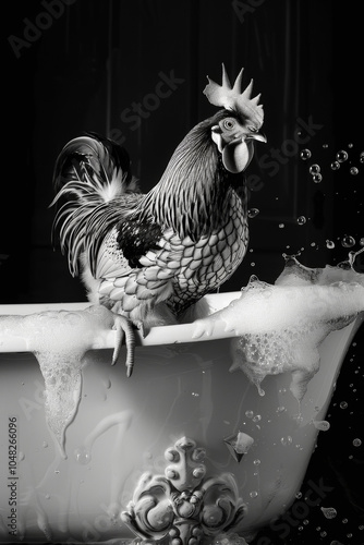 Whimsical Black and White Image of a Rooster in a Vintage Bathtub Surrounded by Bubbles, Capturing a Playful and Quirky Farm Vibe. photo