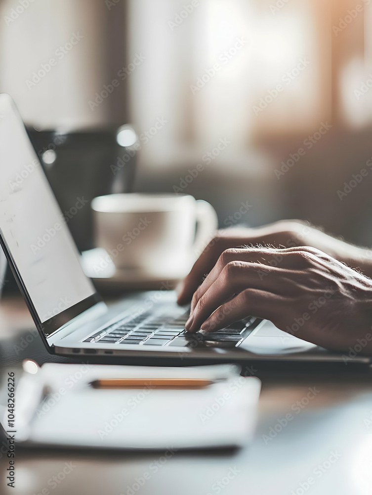 Close-up of a freelancer's hands typing on a laptop, with a coffee on beside. Close-up of a freelancer's hands typing on a laptop, with a coffee on beside.