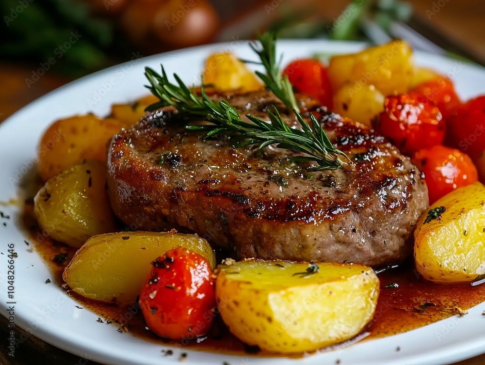 White plate topped with meat and potatoes White plate topped with meat and potatoes