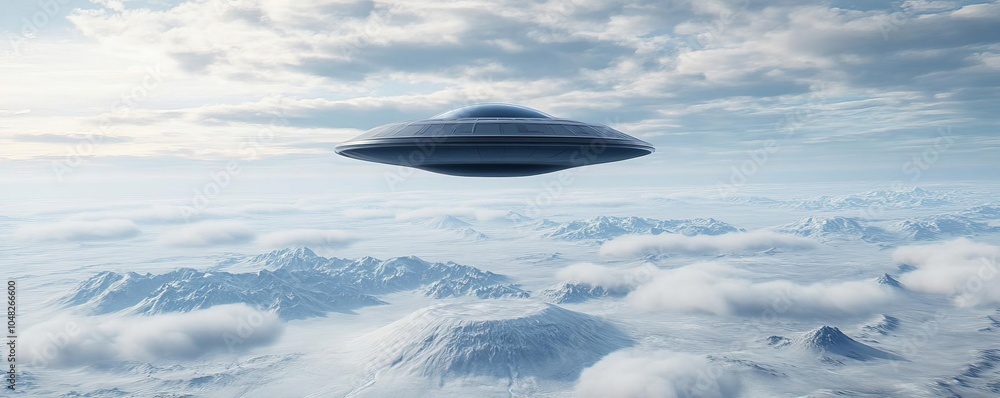 Alien spaceship flying over a frozen alien world, atmospheric clouds and icy terrain visible, planetary exploration simulation Alien spaceship flying over a frozen alien world, atmospheric clouds and icy terrain visible, planetary exploration simulation