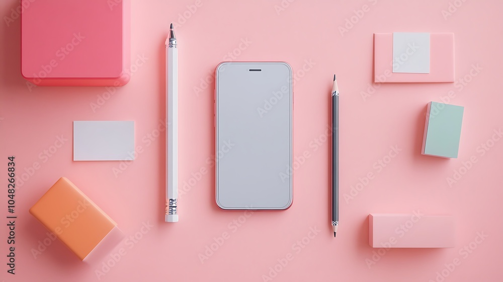 Basic desk essentials like a phone charger sticky notes and a pencil isolated on a light background Basic desk essentials like a phone charger sticky notes and a pencil isolated on a light background