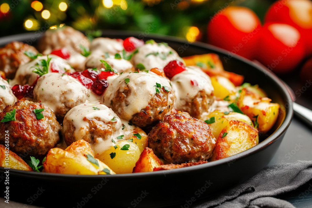 A Steaming Pot Of Swedish K??Ttbullar (Meatballs) Served With Lingonberry Sauce And Creamy Gravy, Surrounded By Roasted Potatoes And Vegetables A Steaming Pot Of Swedish K??Ttbullar (Meatballs) Served With Lingonberry Sauce And Creamy Gravy, Surrounded By Roasted Potatoes And Vegetables