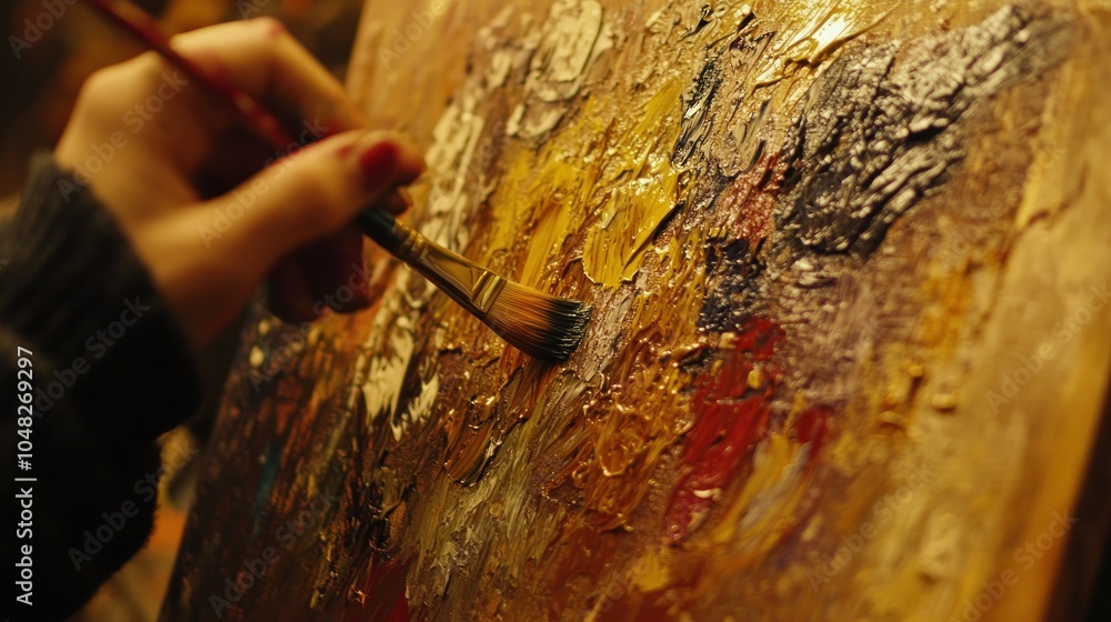 Artist's Hand Applying Yellow Paint with a Brush to an Abstract Canvas Artist's Hand Applying Yellow Paint with a Brush to an Abstract Canvas